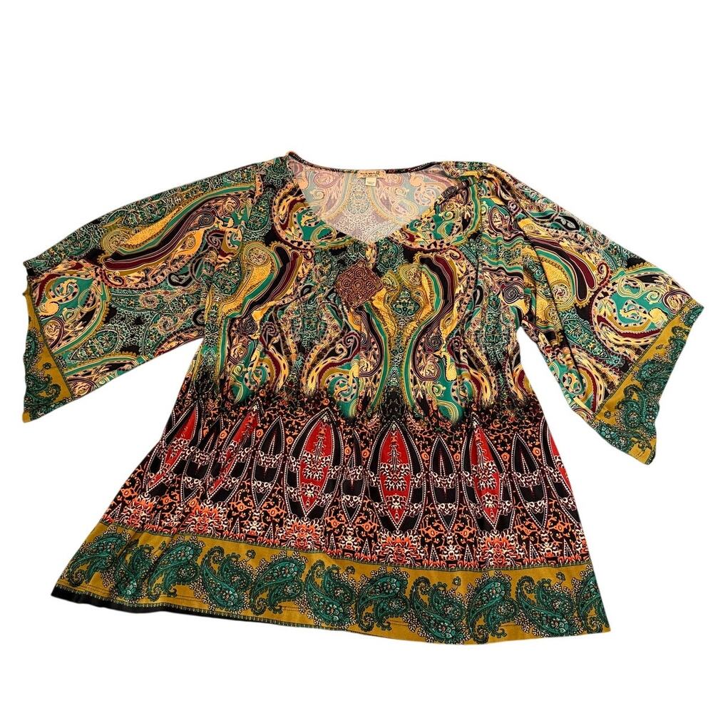 One World Live & Let Live 1X Paisley Boho Tunic Top Bell Sleeve Beaded